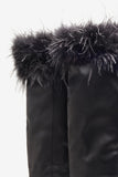 Soho Black Satin Pointed Heeled Boots With Feather Trims