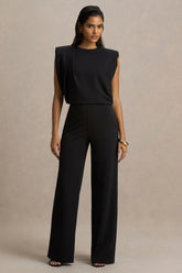 Tiff Black Crew Neck Jumpsuit With Draped Detailing