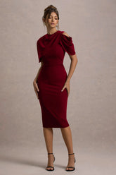 Dorothea Berry Draped Midi Dress With Cape