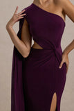 Brona Plum One Shoulder Cape Sleeve Split Maxi Dress