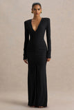 Jewel Black Plunge Neck Maxi Dress With Front Split and Ruched Detailing