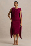 Wanderer Burgundy Crew Neck Midi Dress With Draped and Ruched Detailing