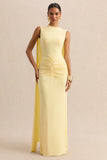 Premiere Lemon Boat Neck Maxi Dress With Cape Sleeves And Open Back