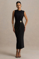 Harlow Black Crew Neck Wrapped Midi Dress