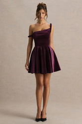 Leticia Burgundy Velvet Asymmetric Neck Velvet Mini Dress With Twist Sleeve