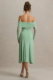 Flatter Me Light Green Bardot Midi Dress With Mesh Sleeves