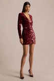 Ritz Burgundy Sequin Plunge Neck Mini Dress With Long Sleeves