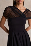 Rosette Black Asymmetric Neck Midi Dress