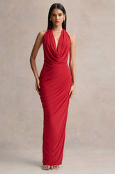 Cairo Red Cowl Neck Maxi Dress With Gathered Detailing