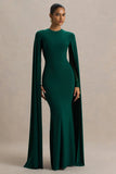 Isla Bottle Green Crew Neck Maxi Dress With Cape Sleeve