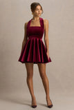 Mirage Burgundy Velvet Halter Neck Mini Dress With Skater Skirt