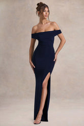 Law of Attraction Navy Bardot Draped Split Maxi Dress