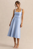 Crystaline Powder Blue Satin Square Neck Midi Dress