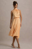 Palonia Peach Satin High Neck Split Midi Dress