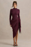 Raffie Plum Long Sleeve Midi Dress With Satin Wrap Skirt