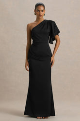 Unforgettable Black Asymmetric Neck Maxi Dress With Ruffled Detailing