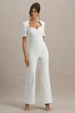 Simone White Sweetheart Short Sleeve Wide Leg Jumpsuit
