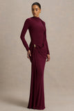 Melissa Burgundy Long Sleeve Wrap Maxi Dress With Draped Detailing