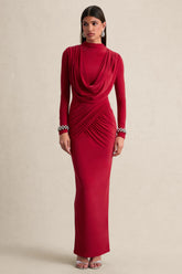 Karinthia Red High Neck Maxi Dress With Draped Detailing