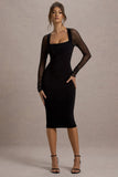 Off Track Black Bodycon Midi Dress With Sheer Sleeves
