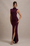 Lanetta Plum Ruched High Neck Maxi Dress With Split