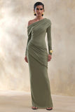 Rosirene Olive Asymmetric Neck Maxi Dress With Draped Detailing