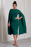 Marysol Bottle Green Asymmetric Cape Midi Dress