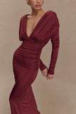Hayden Long Sleeve Plunge Maxi Dress Wine