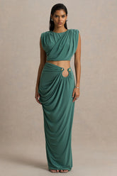 Avaline Green Wrap Maxi Skirt With Ruched Detailing