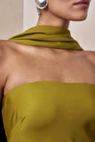 Charly Olive Matte Satin Bandeau Maxi Dress With Scarf Detail