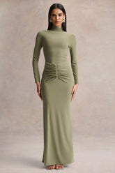 Persis Olive High Neck Maxi Dress With Gathered Detailing