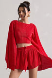 Flare Red Plisse Cape Sleeve Crop Top