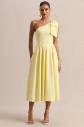 Meria Lemon Asymmetric Neck Midi Dress With Bow Sleeve