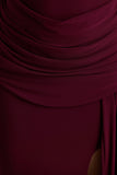 Dynasty Burgundy Asymmetric Neck Maxi Dress With Ruched Detailing And Front High Split