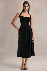 Esmeray Black Velvet Sweetheart Neck Midi Dress