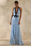 Cosmina Powder Blue Plunge Neck Maxi Dress With Bow Detail
