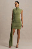 Sorenna Olive High Neck Mini Dress With Wrap And Sash Detail