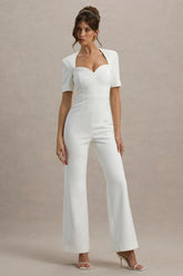 Simone White Sweetheart Short Sleeve Wide Leg Jumpsuit