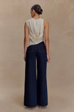 Miranda Faux Suede Belted Denim Wide Leg Jeans Indigo Blue
