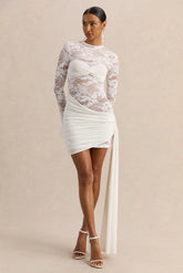 Milavia White Lace Crew Neck Mini Dress With Wrap Sash Detail