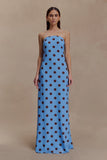 Amaya Strapless Chiffon Maxi Dress Blue Polka Dot