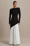 Caty Black And White Long Sleeved Maxi Dress With Asymmetric Drop Waist