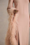 Armina Blush Pink One Shoulder Feather Trim Maxi Dress