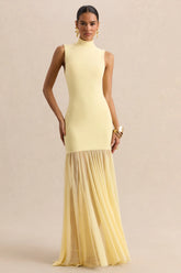 Felina Lemon High Neck Maxi Dress With Sheer Skirt