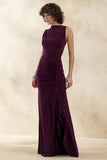 Helessia Dark Plum Asymmetric Neck Maxi Dress With Gathered Detailing And Sash