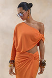 Dua Orange Asymmetric One Sleeve Draped Top