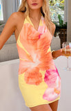 Zyla Yellow Hibiscus Floral Print Cowl Mini Dress
