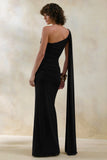 Bettine Black Asymmetric Neck Maxi Dress With Cape Sleeve