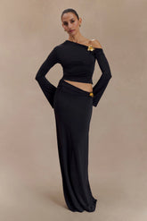 Ainsley Asymmetrical Maxi Skirt With Floral Hardware Black