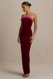 Illusion Burgundy Velvet Bandeau Maxi Dress With Bow Detail